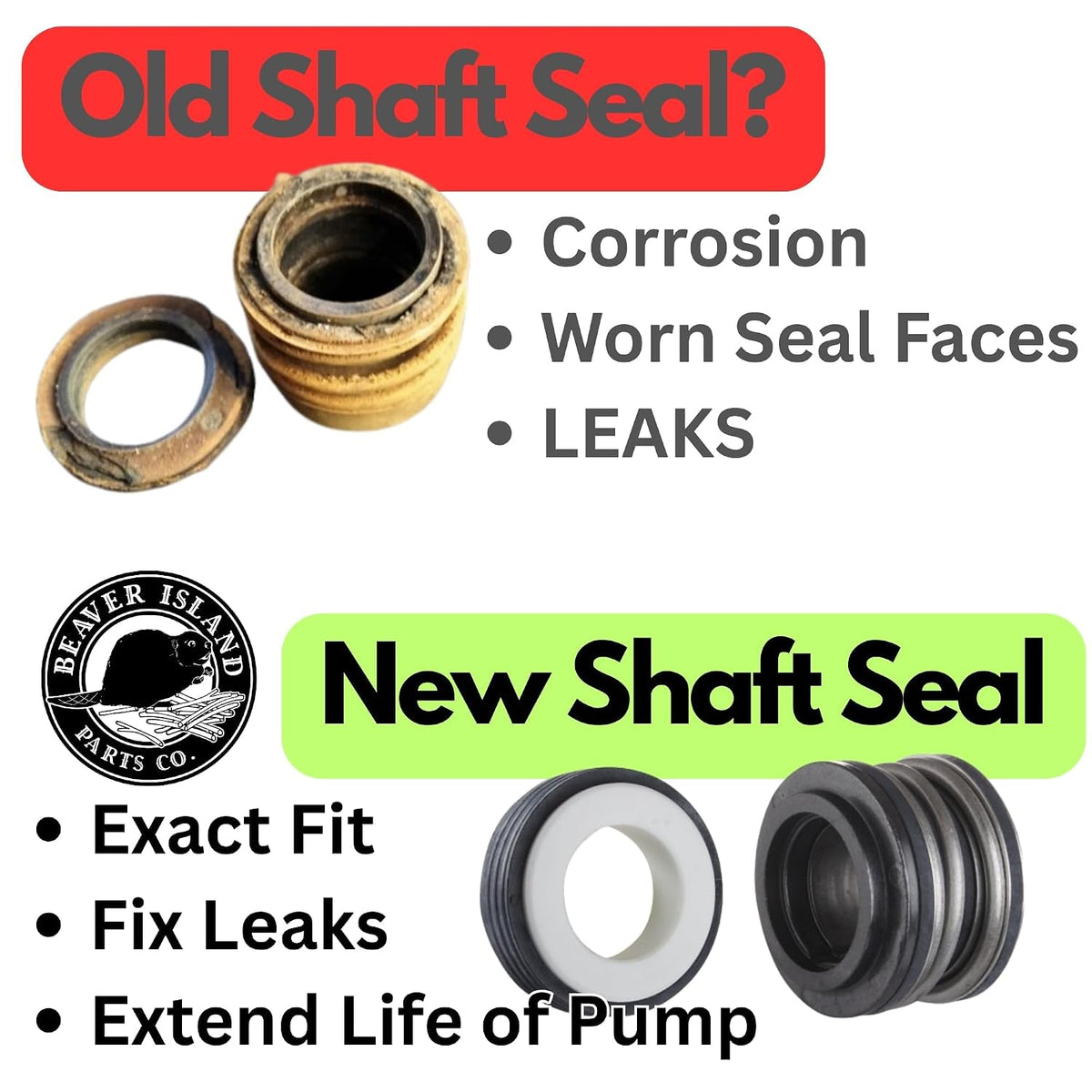 Worn versus new pump shaft seal - corrosion and leaks fixed by this 5/8 in replacement